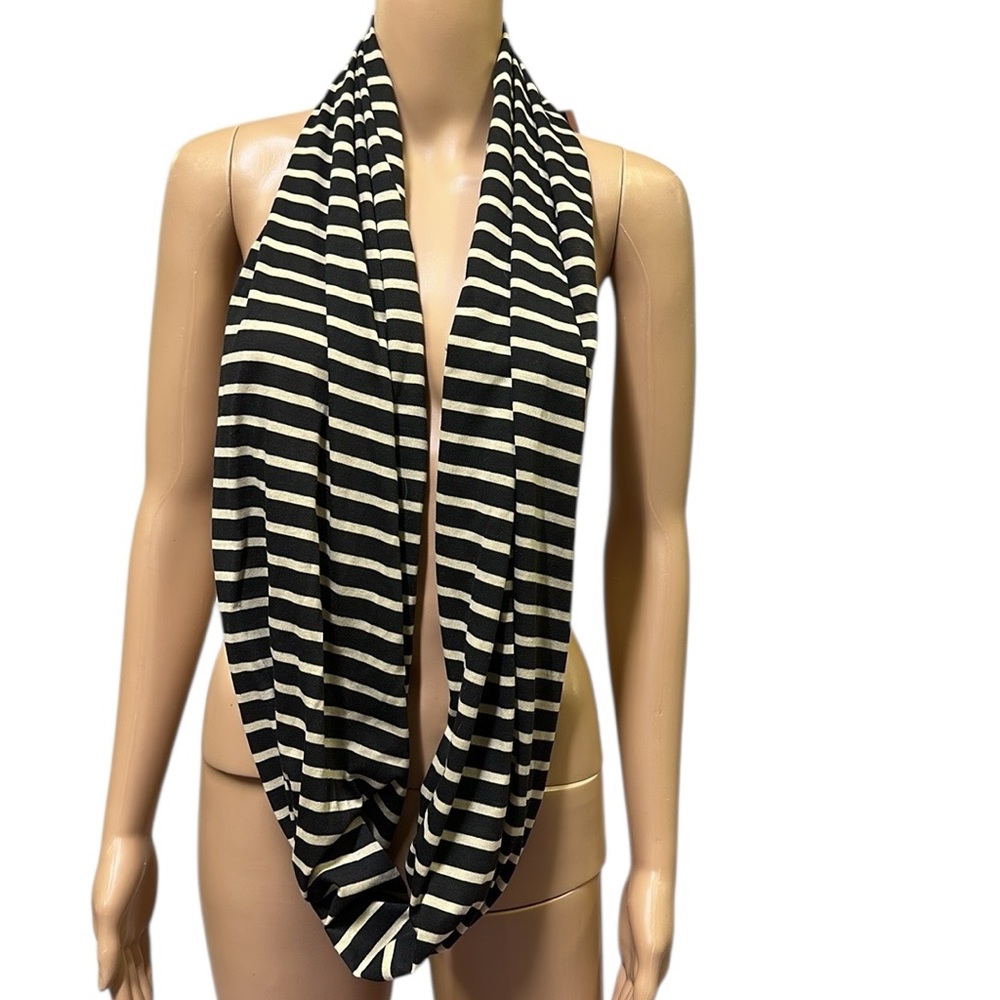 Tickled Pink Black Cream Tan Striped Infinity Scarf Polyester 31 x 15.5 inches